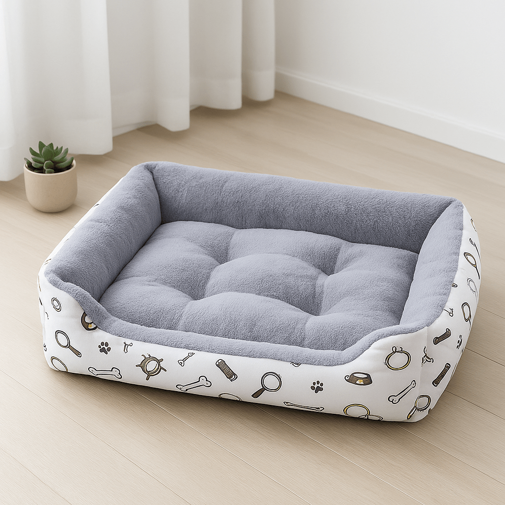 coussin à chat blanc gris sur plancher