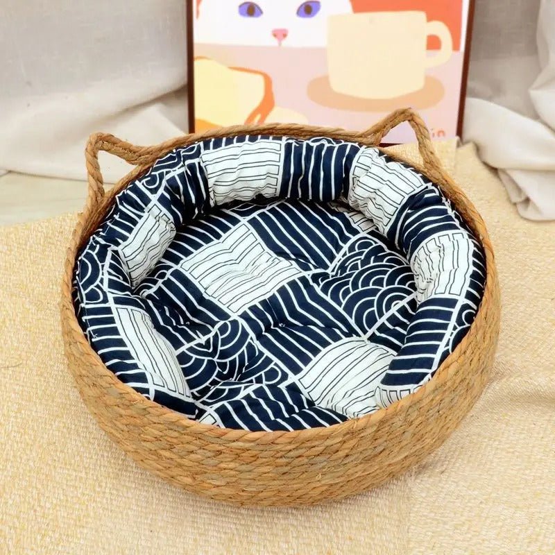 panier chat coussin oreiller bleu blanc
