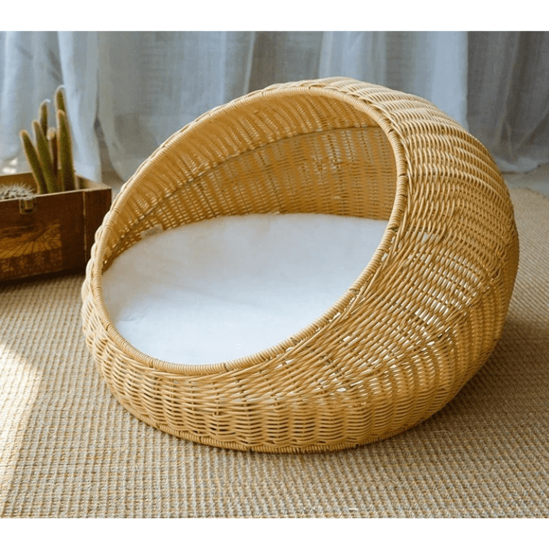 panier chat en osier coussin blanc