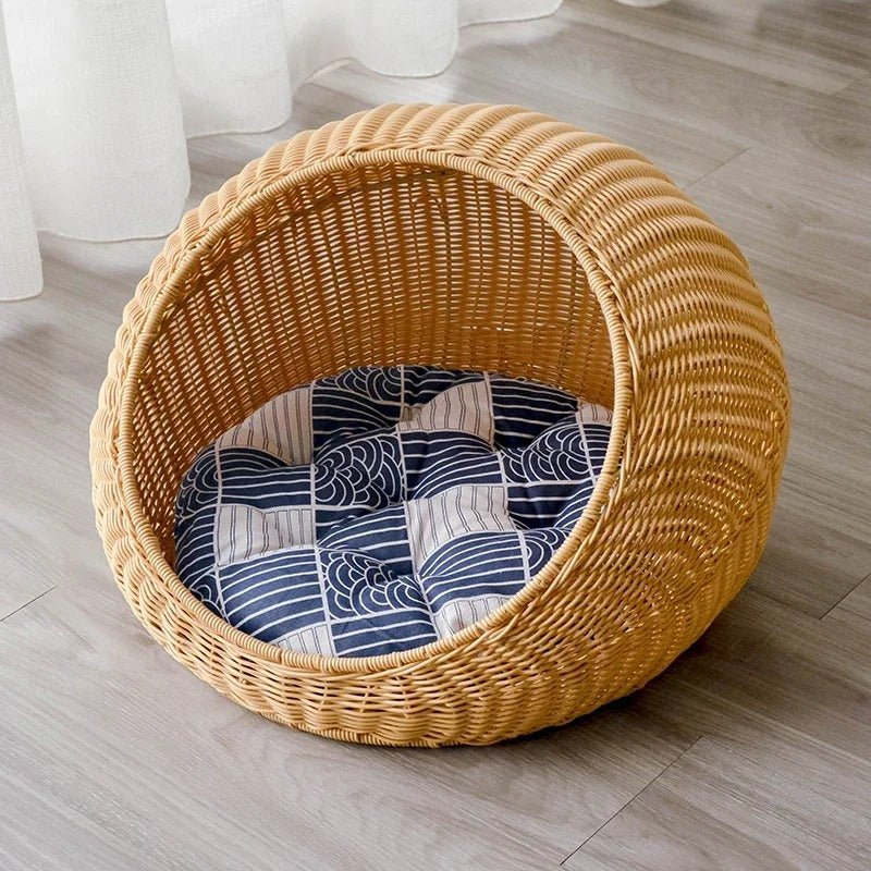 panier chat en osier coussin bleu en déco