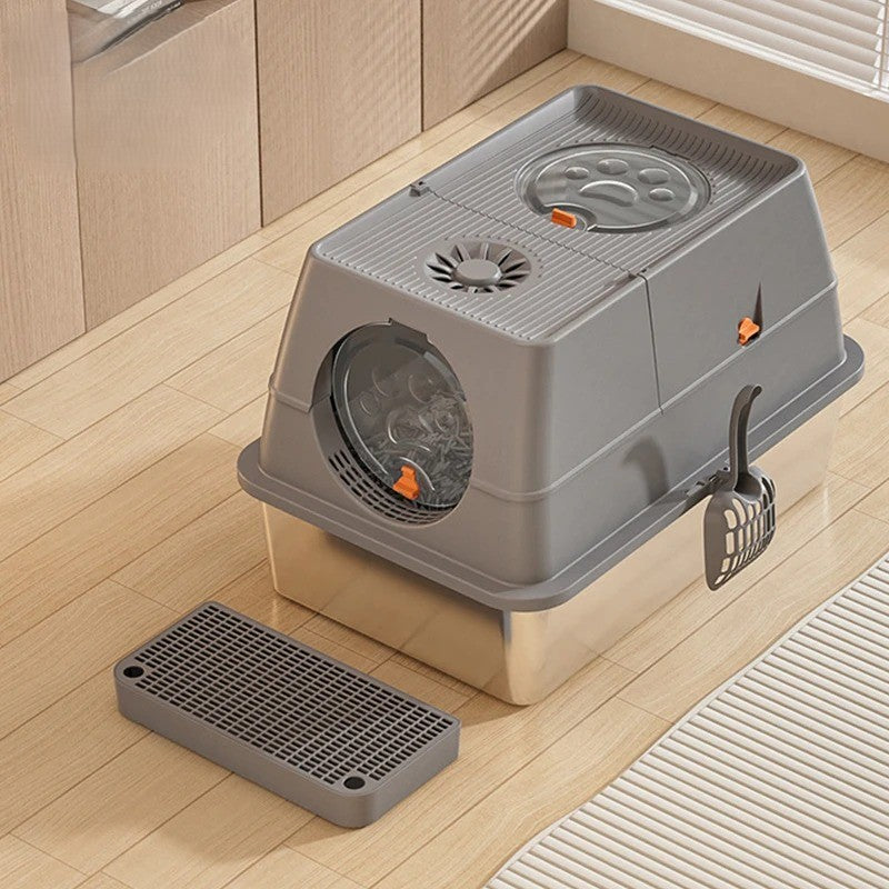 Bac a litière pour chat gris en décor