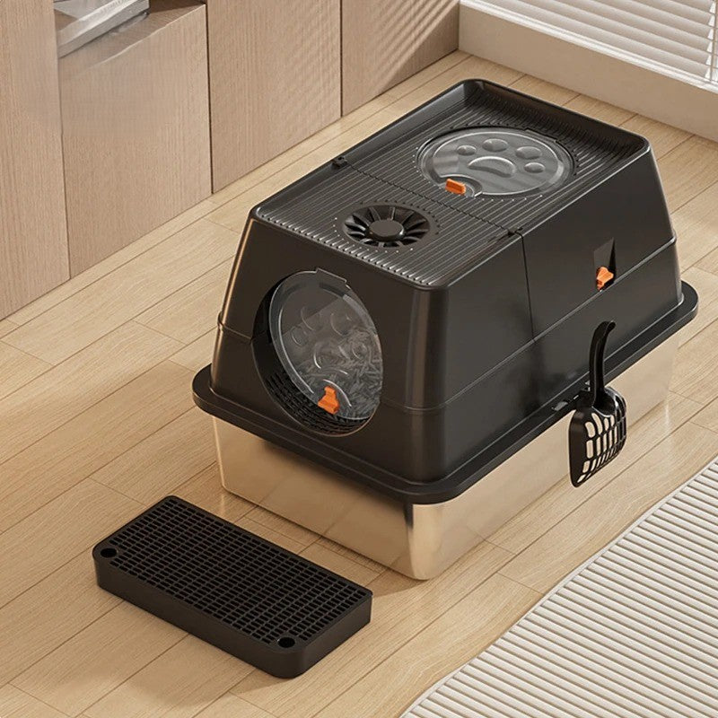 Bac a litière pour chat noir prêt pour usage