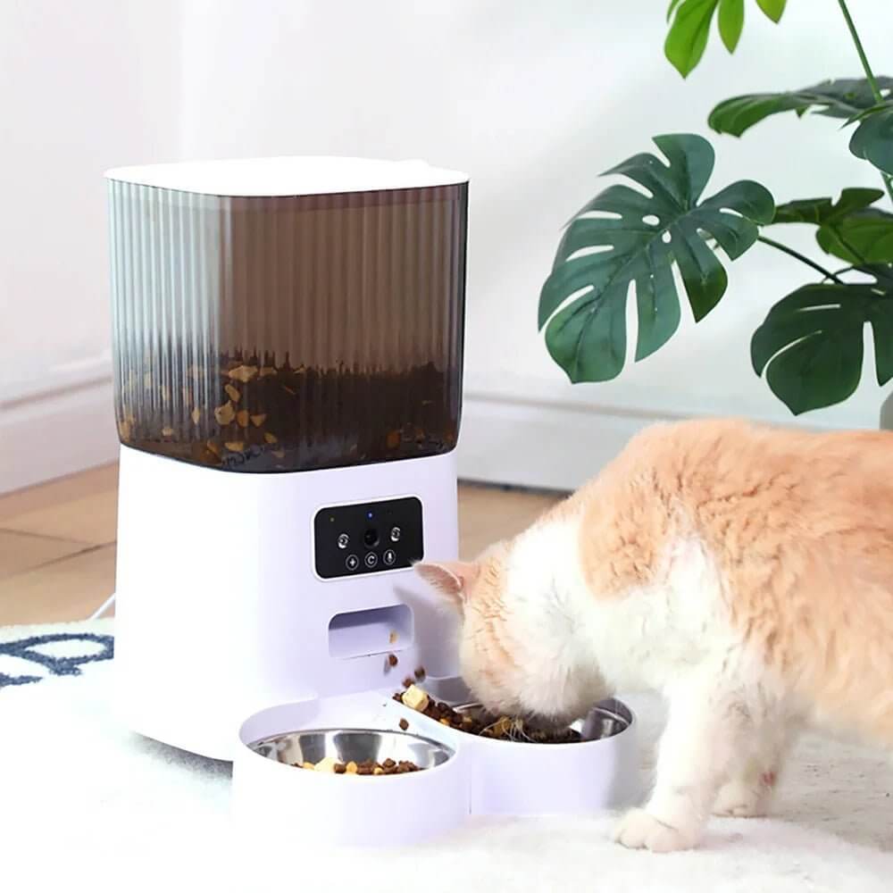 Distributeur automatique croquettes chat avec caméra bols blanc