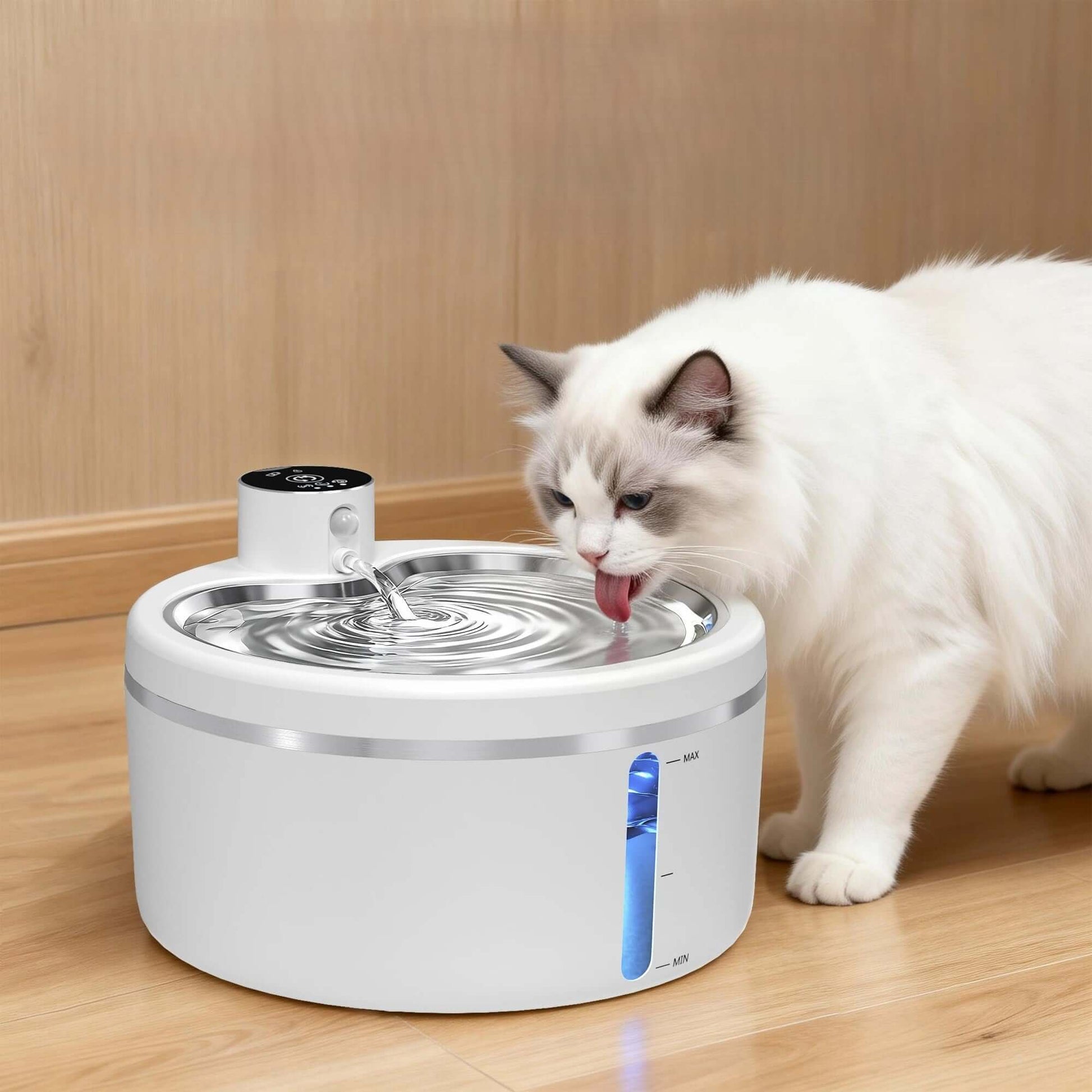 Fontaine à eau pour chat blanche sans fils chat entrain de boire