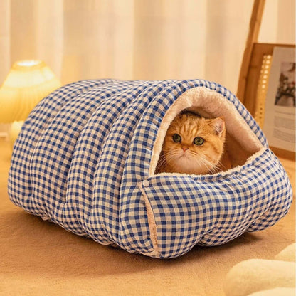 Lit pour chats carreaux bleu chat éveillé