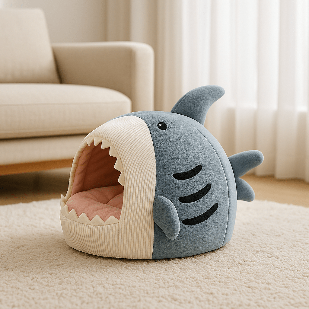 Maison pour chat requin bleu en décor