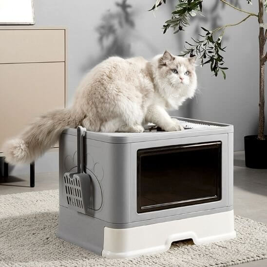 Bac litière chat gris blanc chat sort