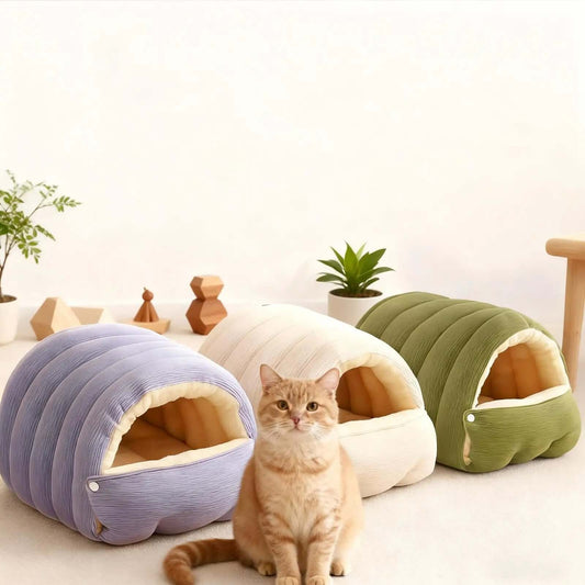 Cocon pour chat beige vert et mauve