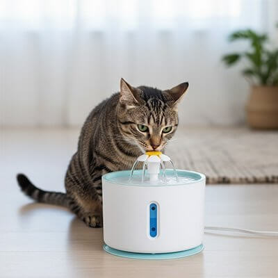 Fontaine à eau Chat inox chat boit sur fleur