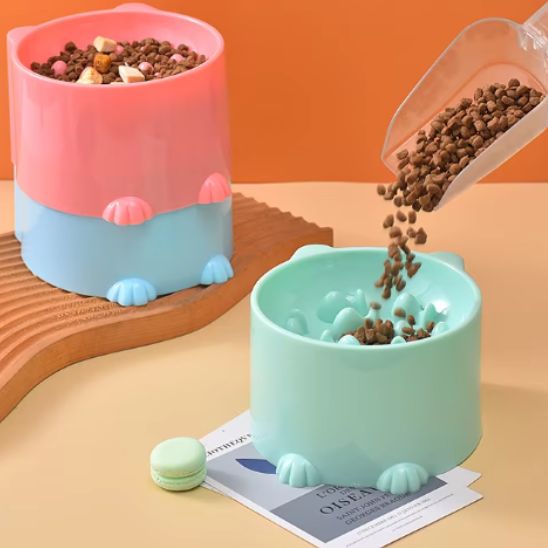 Gamelle anti glouton chat plastique corail et turquoise