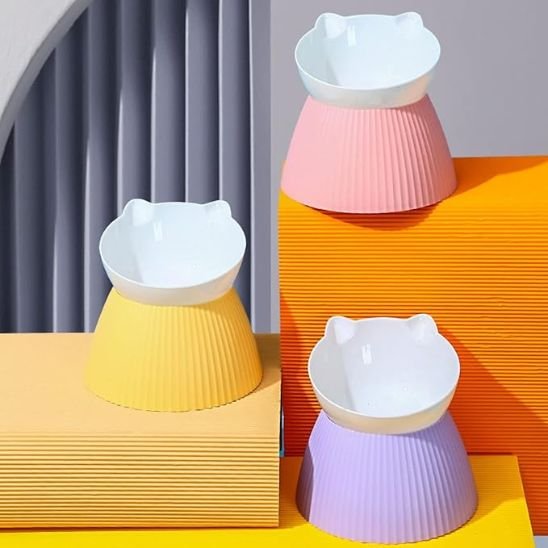 Gamelles chat surélevées mauve jaune et rose