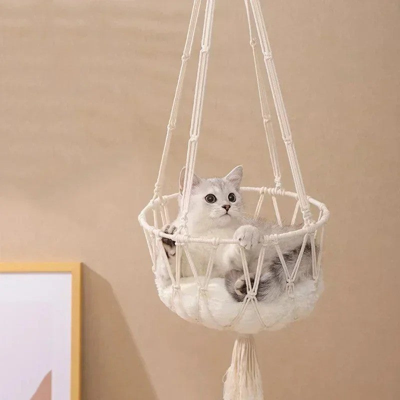 hamac pour chat coton tressé blanc chat détendu