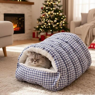 Lit pour chats bleu chat heureux