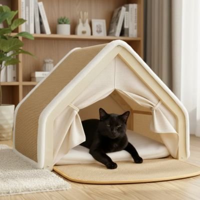 Maison pour chat beige chat se détent
