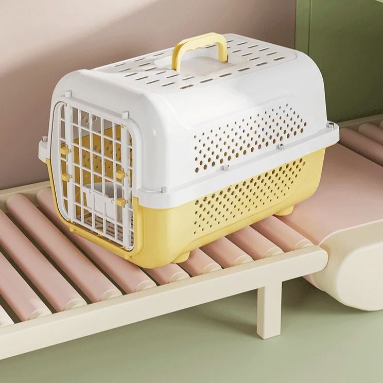 panier transport chat jaune sur banc