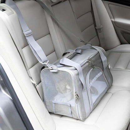 Sac de transport pour chat gris en auto